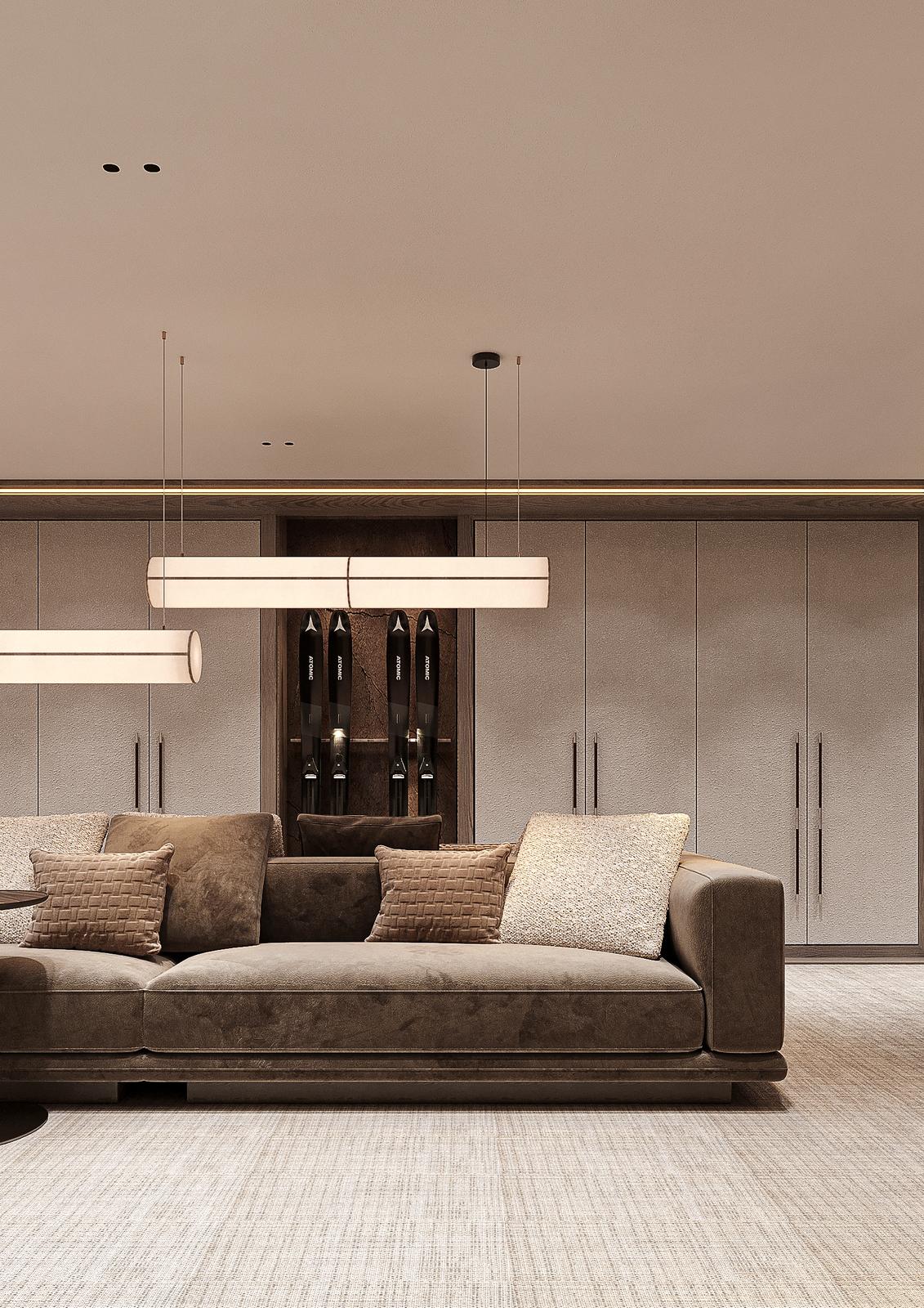 Lounge of the BALMÂ ski room with private ski lockers
