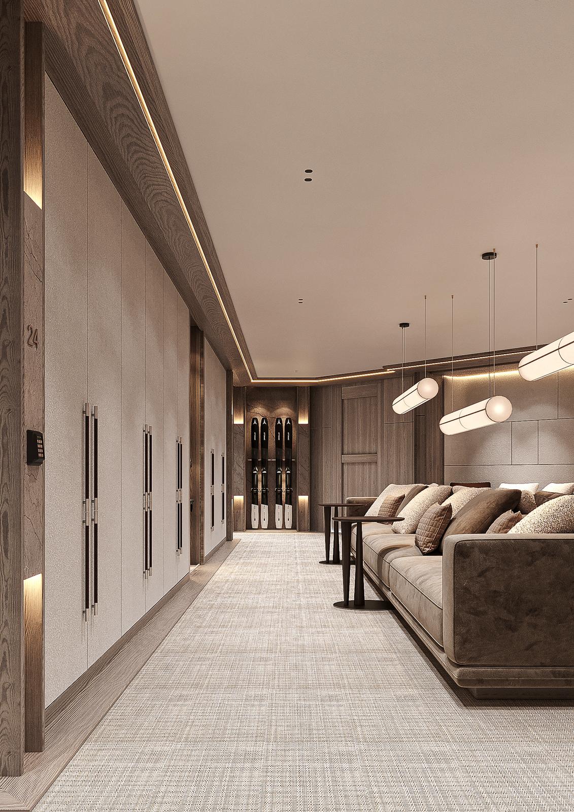 BALMÂ ski room seating area and equipment lockers